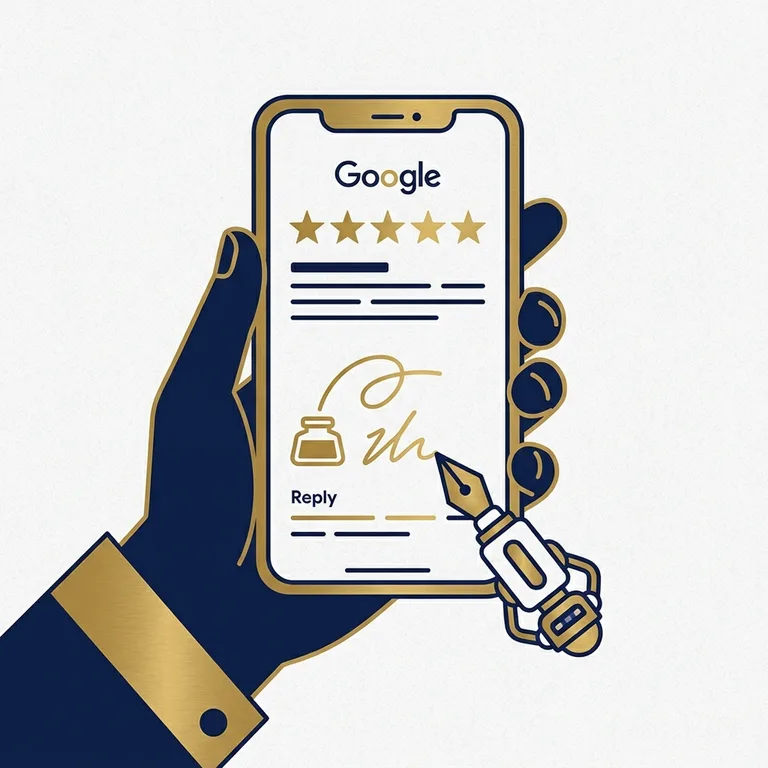 Smartphone mit Google-Bewertung, eine KI-Feder schreibt die Antwort