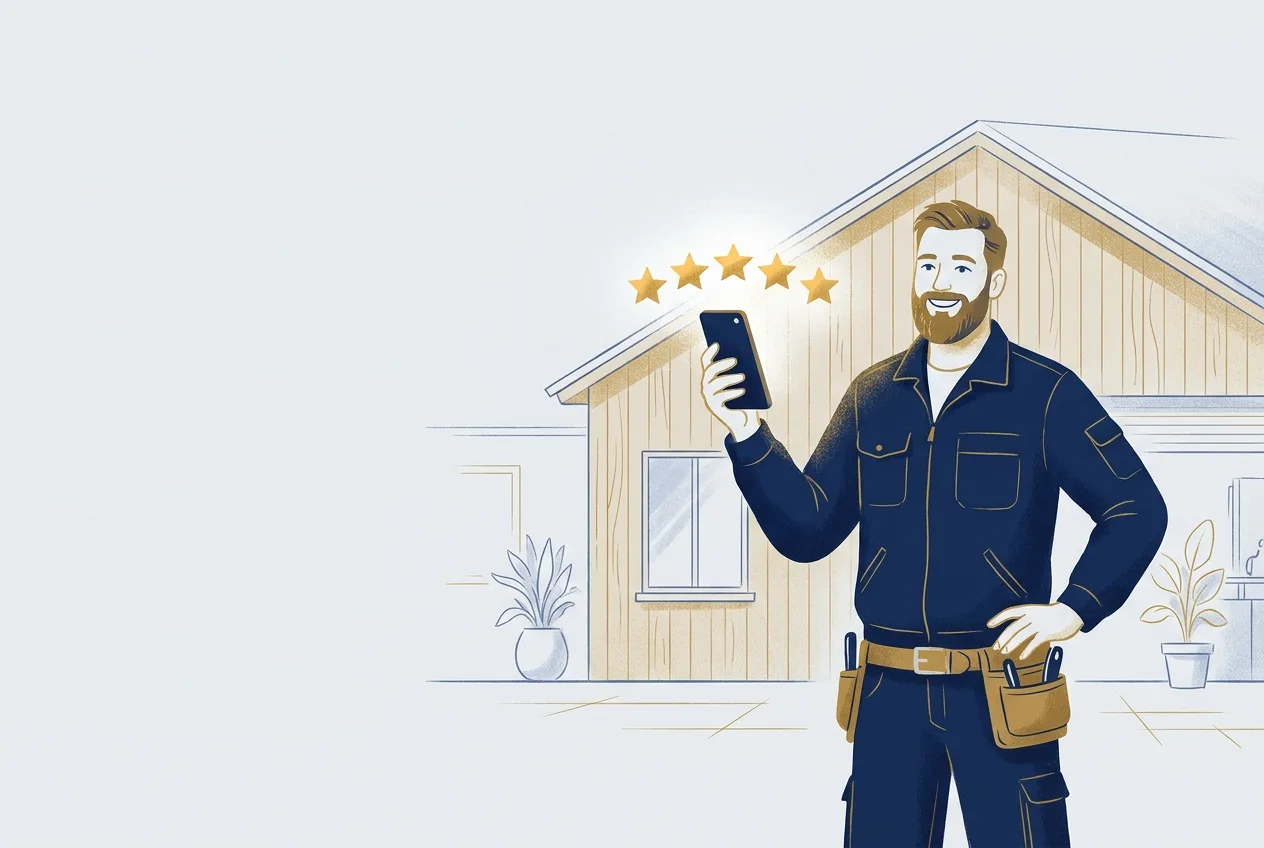 Handwerker vor seiner Werkstatt schaut zufrieden auf sein Smartphone mit fünf goldenen Sternen