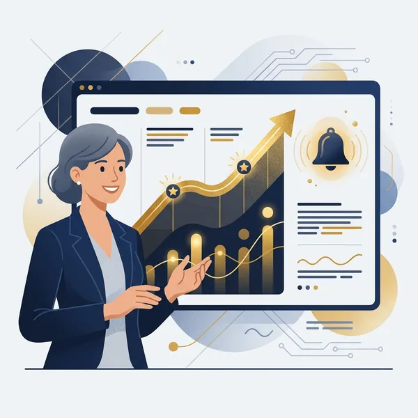 Geschäftsinhaberin betrachtet Dashboard mit steigender goldener Trendlinie